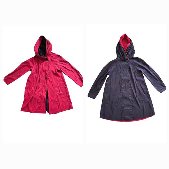 Mycra Pac Donatella Red/Black Reversible Packable Raincoat Pleated Hood Size M - Picture 1 of 10
